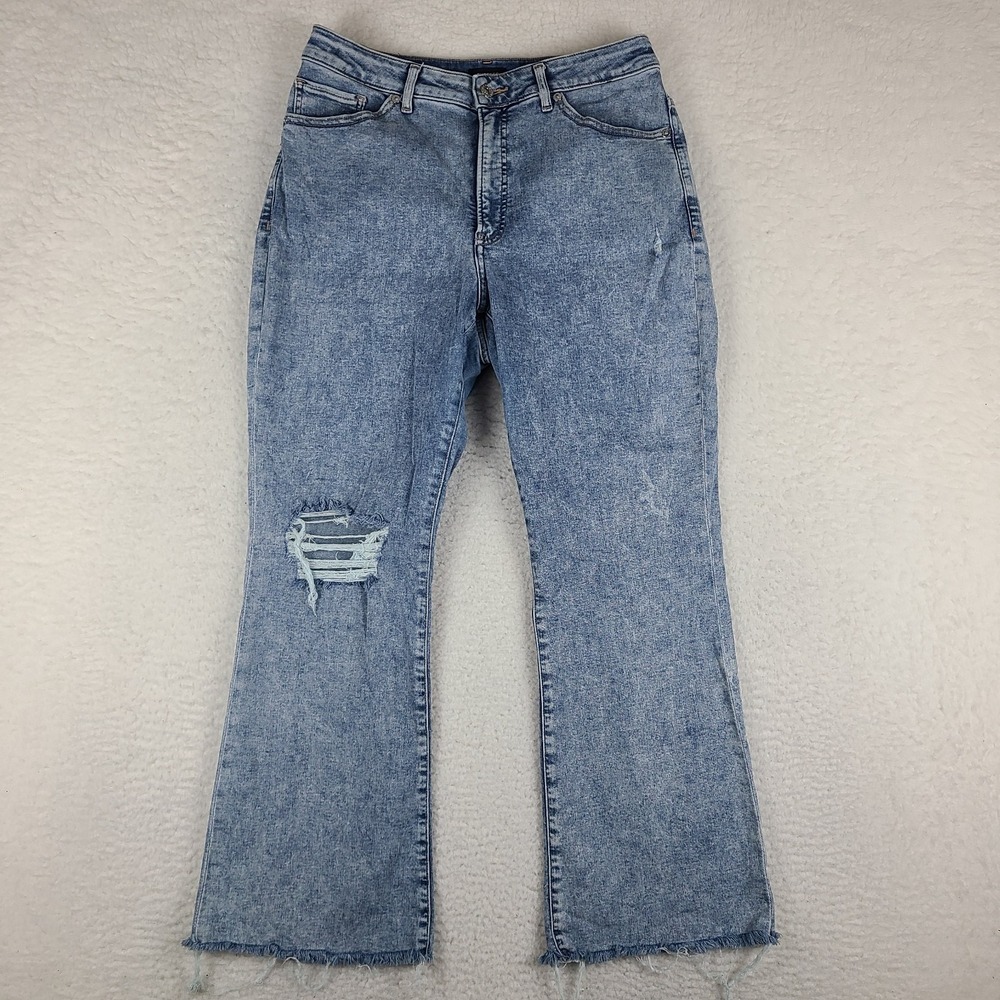 EXPRESS Jeans Womens 10S 10 Short Blue Curvy Boot High Rise Fray Light Wash‎